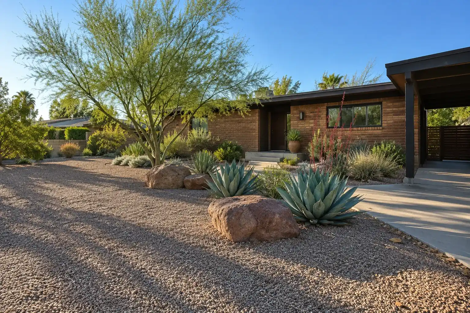 Desert front yard of a brick ranch house with gravel, boulders, agaves and a palo verde tree in morning light