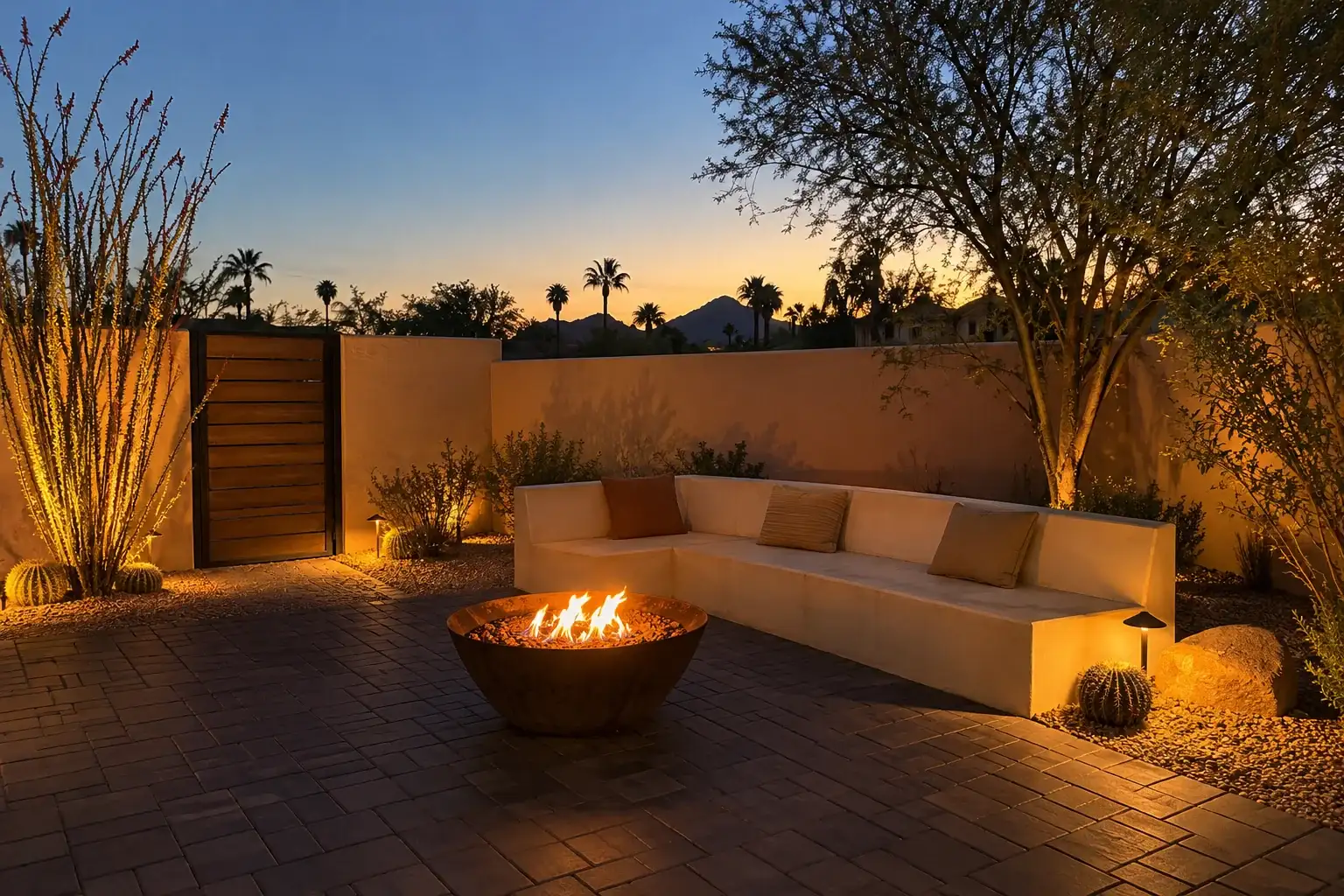 Desert patio at dusk with built-in seating, a fire bowl and warm lights along the wall