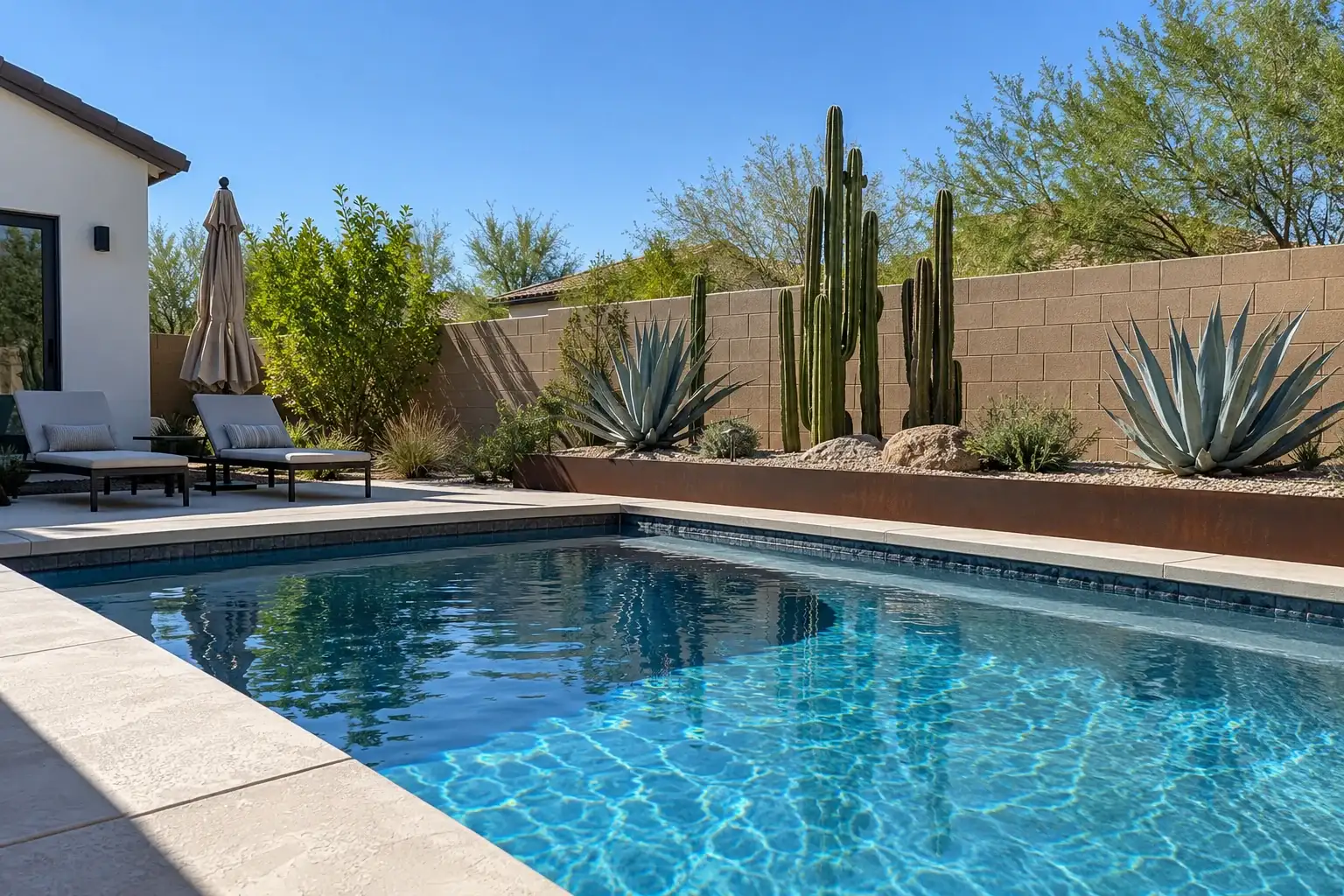 Poolside garden with saguaro and agaves in a raised gravel bed beside a blue pool