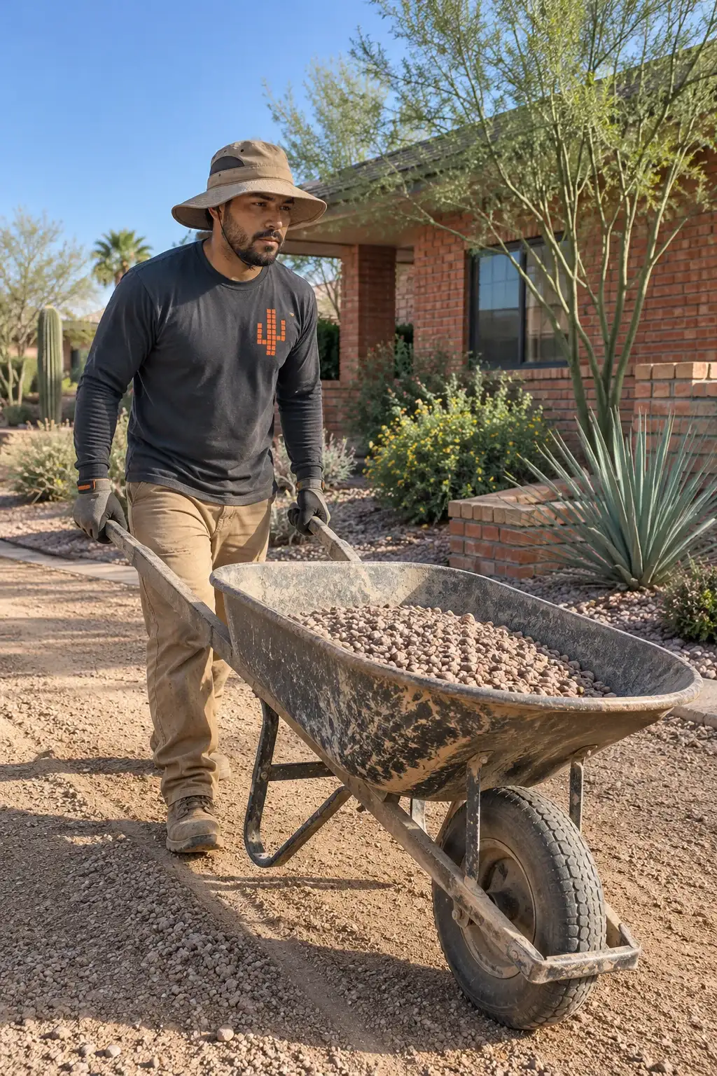 Landscaper pushing a wheelbarrow of gravel along a desert front yard in the morning